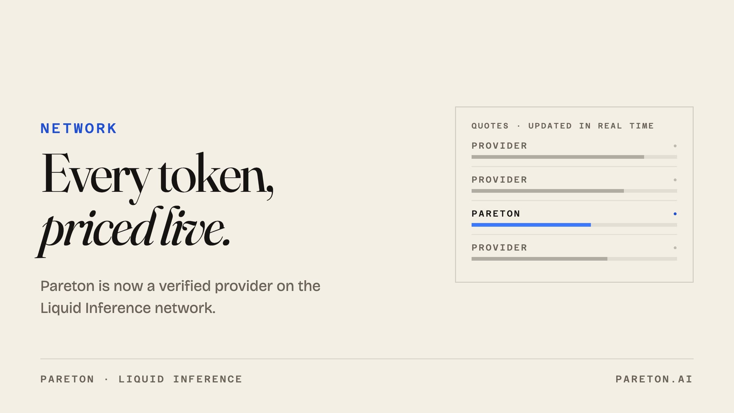 Every token, priced live. Pareton is now a verified provider on the Liquid Inference network.